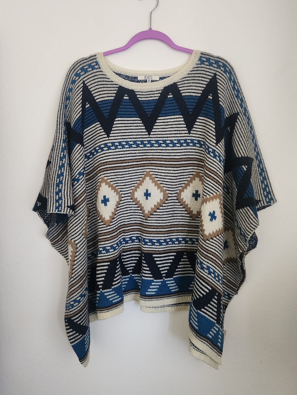 BB Dakota Aztec-Inspired Knit Poncho in Cream, Navy & Blue